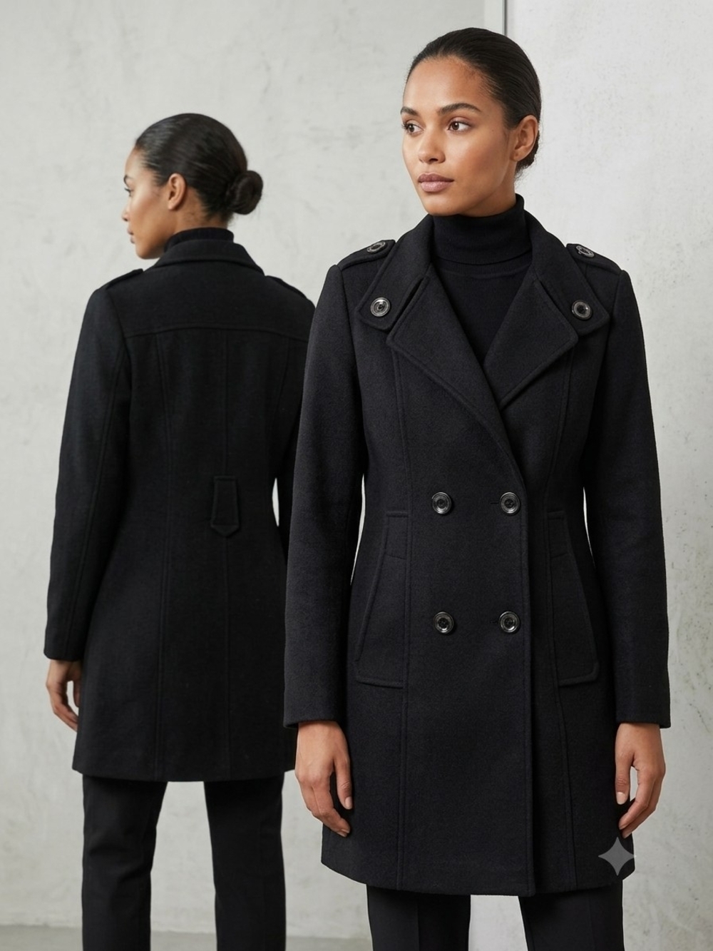 Wool Blend Double-Breasted Peacoat - Black